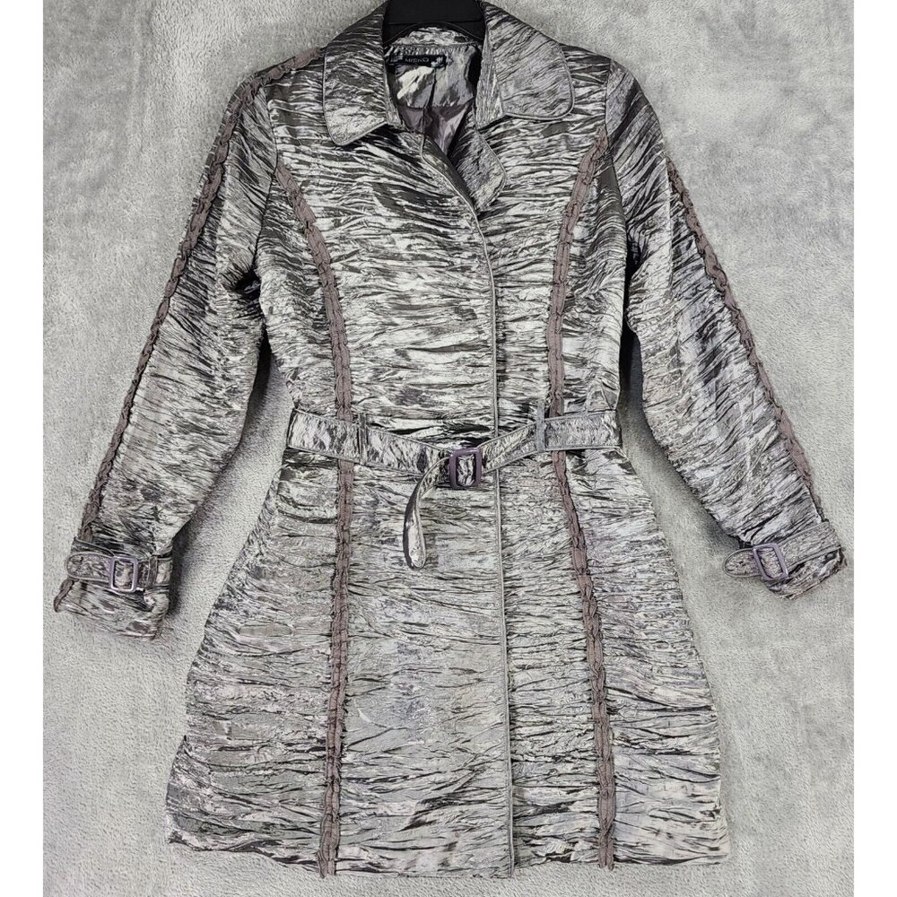 Misko Jacket Womens Medium Silver Snap Belted Long Sleeve Crinkled Retro 90s Y2K